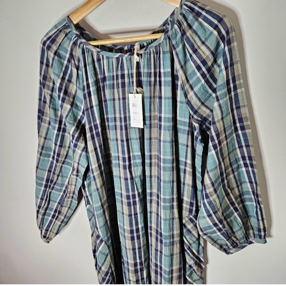 Mirth Ostuni Tiered Maxi Hand Loomed Cotton Dress Ocean Blue Plaid S Small NWT - Picture 3 of 8
